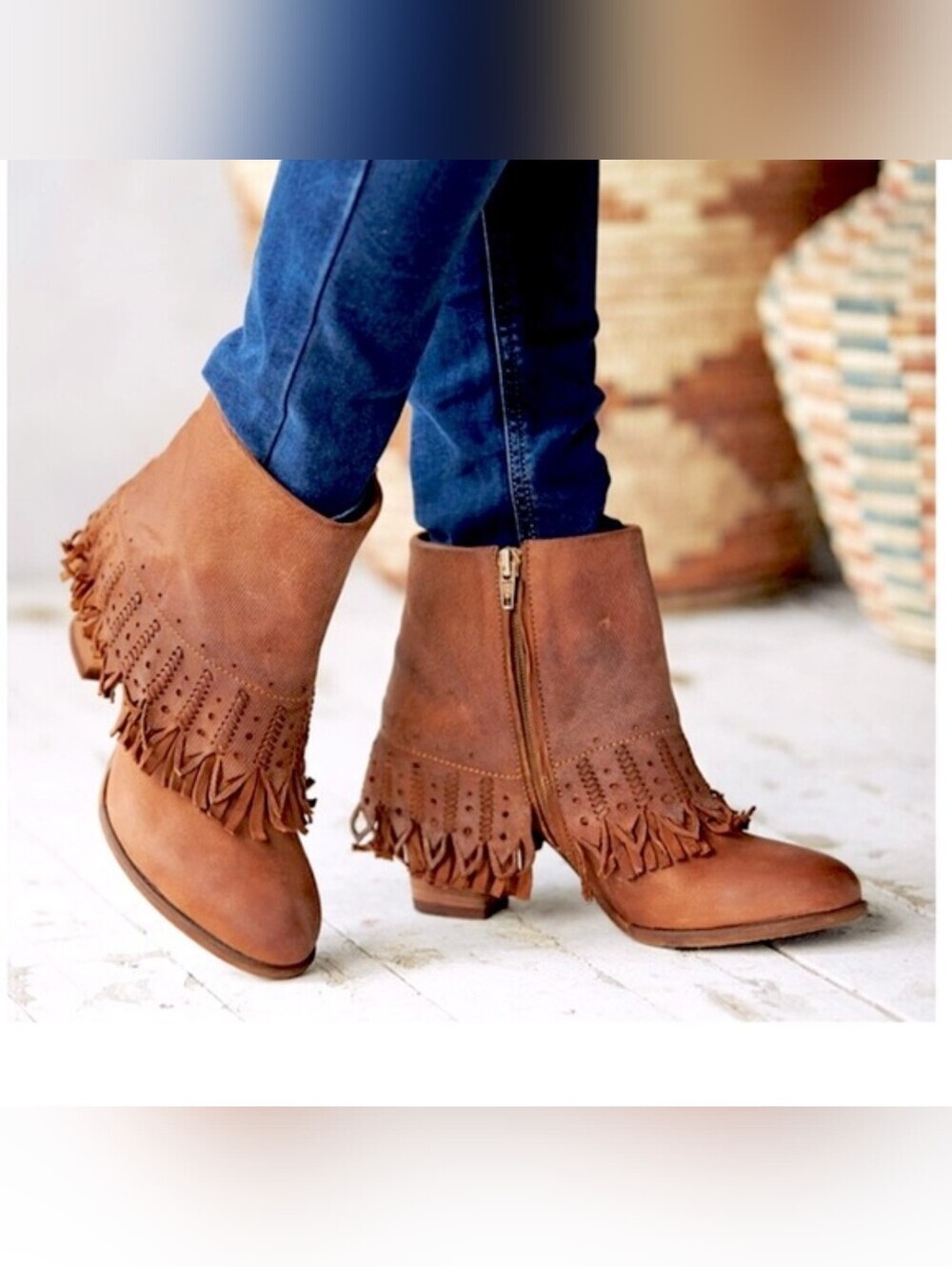 Sundance Brown Leather Fringe Ankle Boots Western Boho Heel Booties Size 9-9.5
